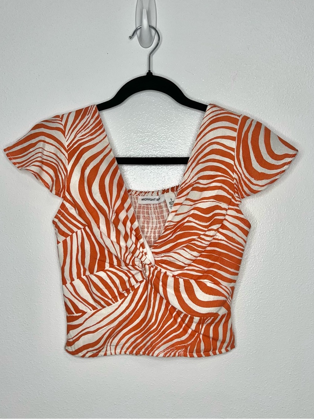 Midnight Sky Orange Zebra Twist-Front Top Swirl Flutter Sleeves White Sz Small
